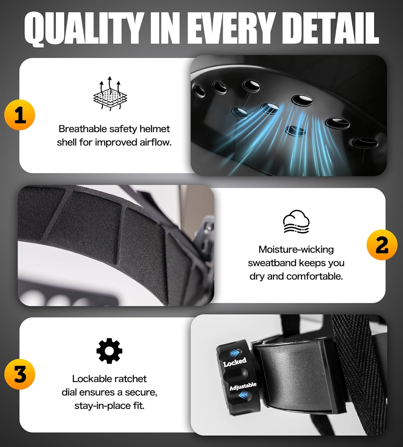 Black Full Brim Hard Hat, OSHA Approved Construction Helmets for Men, 4-Point Adjustable Suspension, ANSI Z89.1 - Image 4