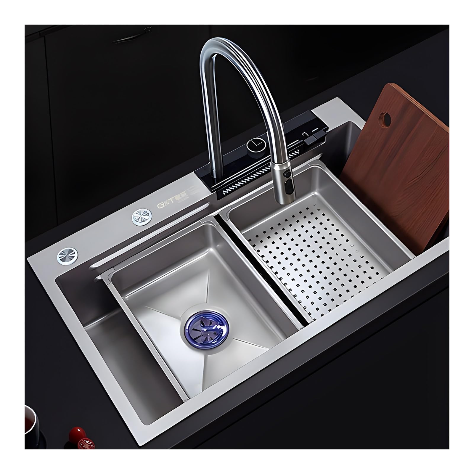 Gljtuo B Stainless Steel Kitchen Sink With Digital Display Faucet And Glass Rinser For Modern Workstations,-68X45x22cm
