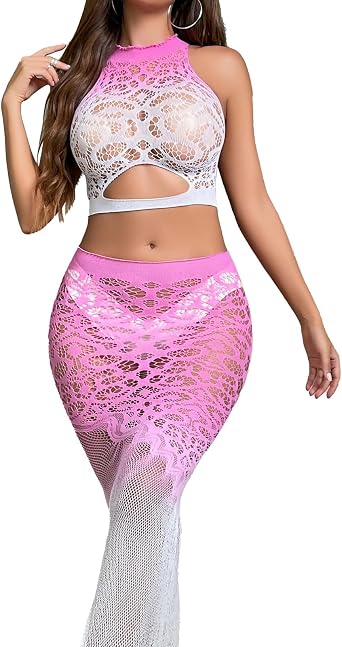 Lingerie for Women Babydoll Sexy Night Gowns Lace Halter Tank Top and Mermaid Skirt Suit See Through Bikini Cover Up