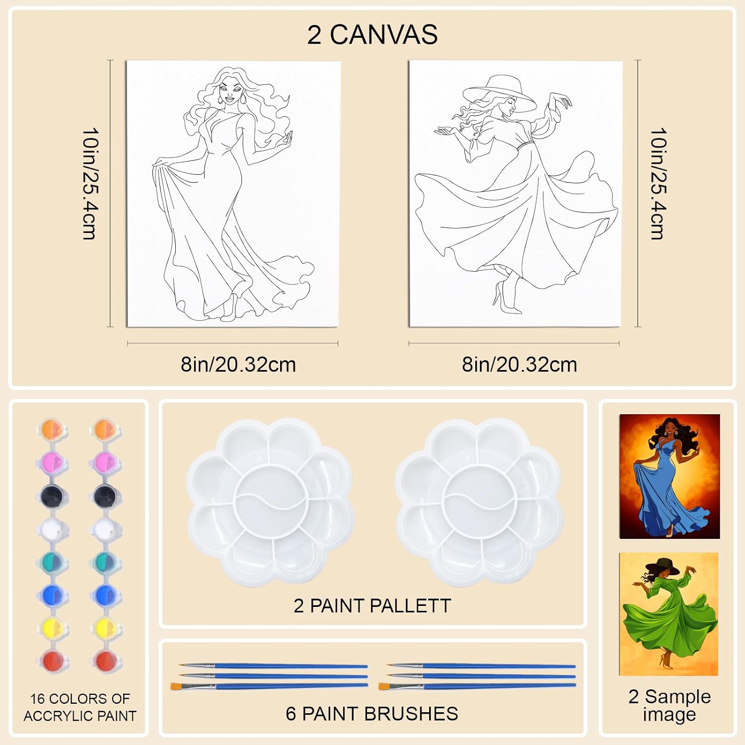 WEBEEDY Pre Drawn Stretched Afro Queen Canvas Painting Kit,8x10 Inch Black Art Pre Stretched Canvas Sip and Paint Kit for Adults Date Night Party Christmas Valentine's Day Supplies,2 Pack 20x25cm