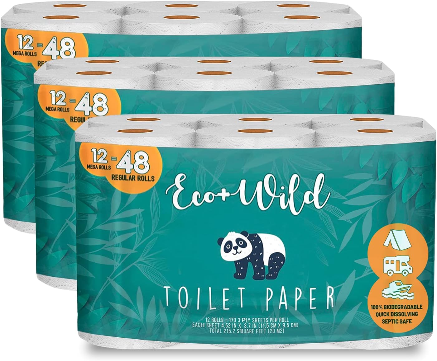 ECO WILD Earth Friendly Organic Toilet Paper - Chemical Fragrance and BPA Free, Strong 3Ply Hypoallergenic Bath Tissue - Sustainable Natural - Biodegradable and Septic Safe for Home and RV