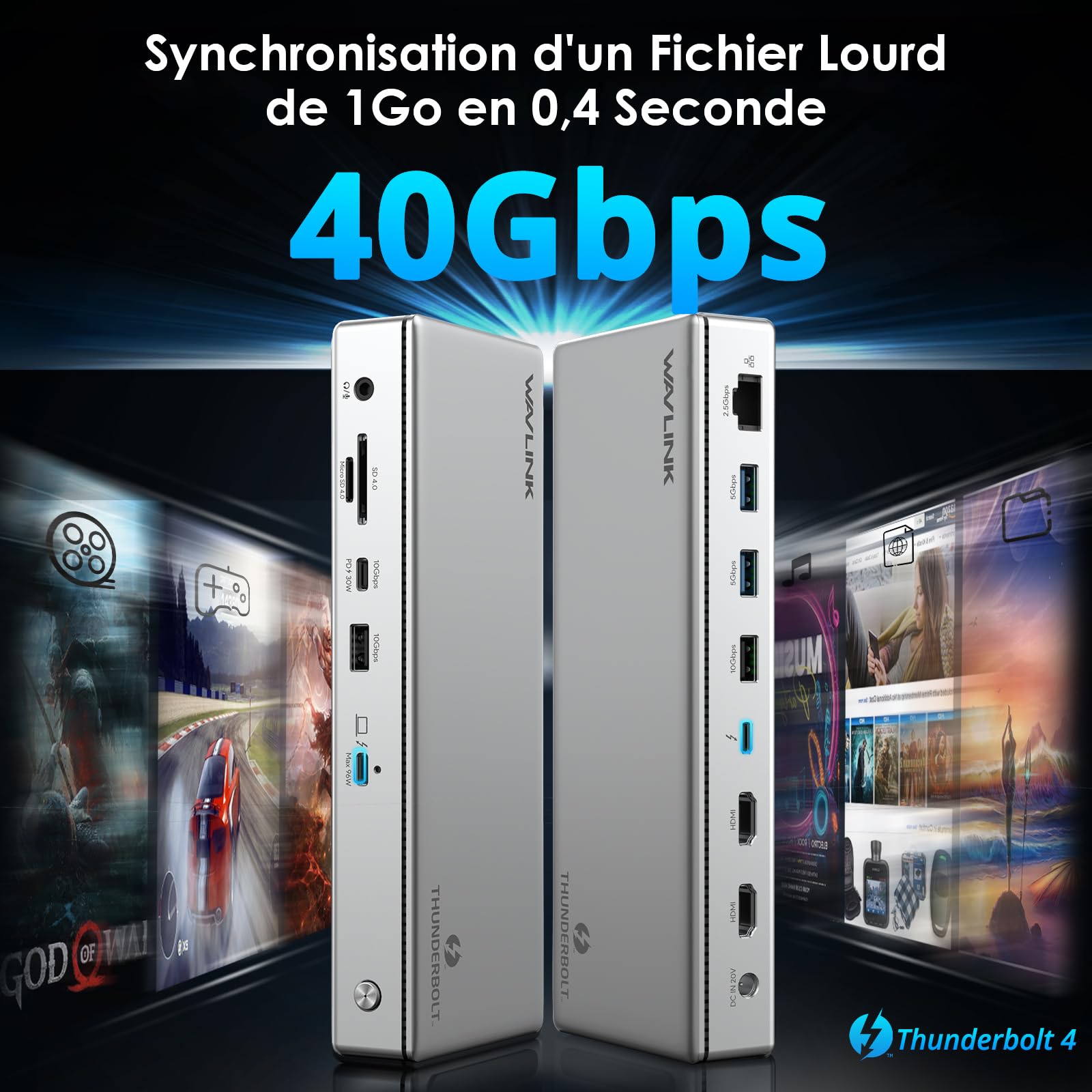 Station d'accueil WAVLINK Thunderbolt 4, Station d'accueil pour Ordinateur Portable 13 en 1 pour Mac TBT 4/3 & PC Windows TBT 4, 40 Gbps avec Chargement Max 96W pour Ordinateur Portable