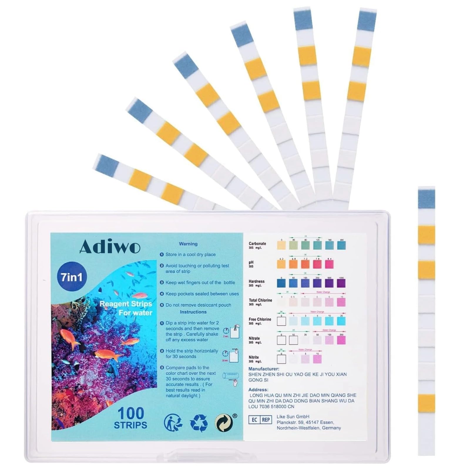Bandelettes de Test d'Aquarium 7 en 1, 100 Bandelettes de Test Eau Dureté Totale, Alcalinité, Carbonates, Nitrates, Nitrites, Chlore Libre pH, Cuivre Test Rapide pour Aquarium Étang Piscine