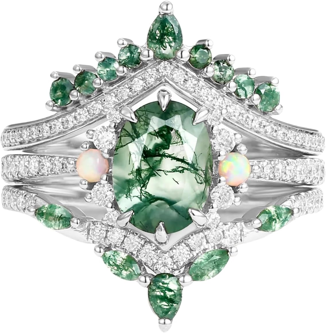 3PCS Oval Cut Gemstone Wedding Ring Set Bridal Set 1 CT Gemstone with Moss Agate and Opal Engagement Rings for Women S925 10K 14K 18K Gold Unique Anniversary Promise Rings Size 4-13