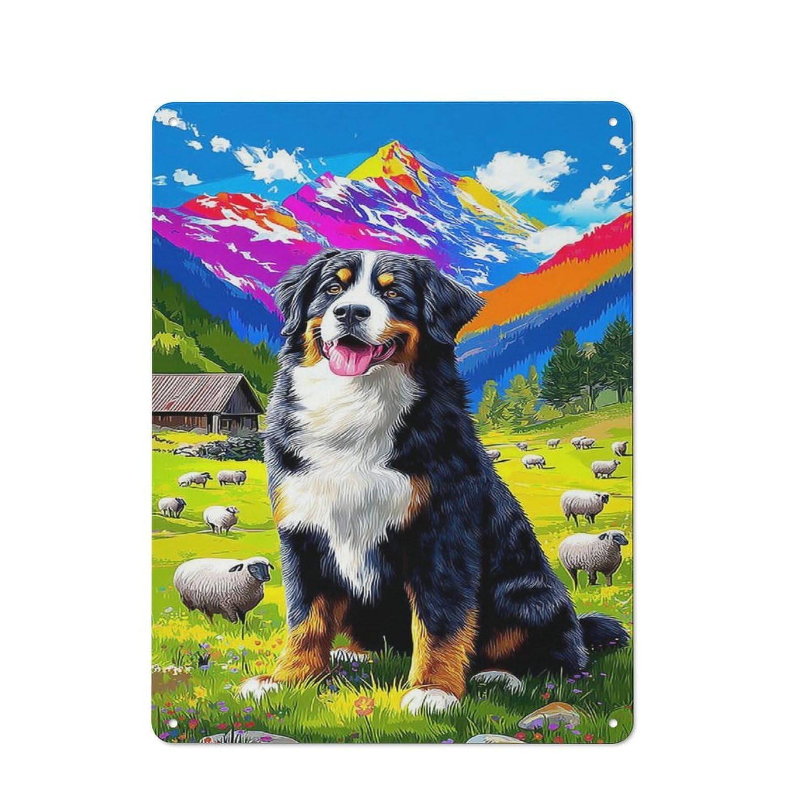 Vintage Metal Sign with Bernese Mountain Dog in Pastoral Scene Design 40x30cm, Vintage Bar Wall Plaque for Cafe, Pub, Workshop Or Home Bar
