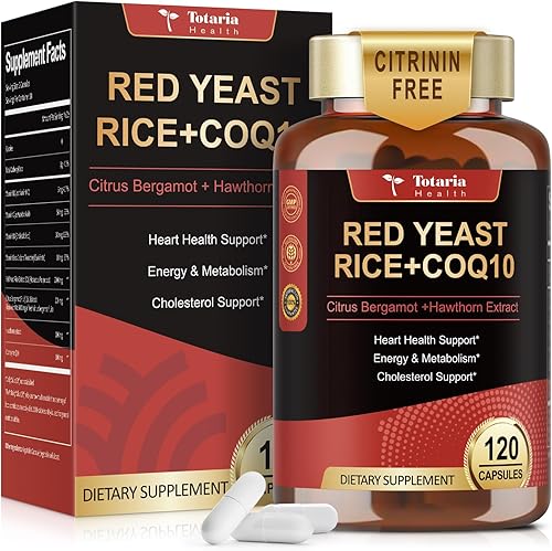 Arroz de levadura roja de 2,000 mg con suplemento CoQ10 - Cápsulas de arroz de levadura roja con extracto sin citrinina con CoQ10 100 Plus bergamota