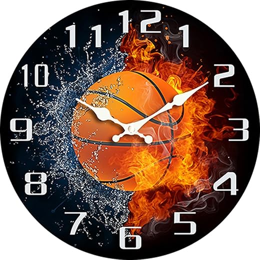 Sports Theme Wall Clock, 12 Inch Round, Silent Quartz Movement, 3D Effect Design with Soccer, Basketball, Baseball, Billiards, Modern Decorative Timepiece (Basketball, 12inch)