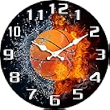 Sports Theme Wall Clock, 12 Inch Round, Silent Quartz Movement, 3D Effect Design with Soccer, Basketball, Baseball, Billiards, Modern Decorative Timepiece (Basketball, 12inch)