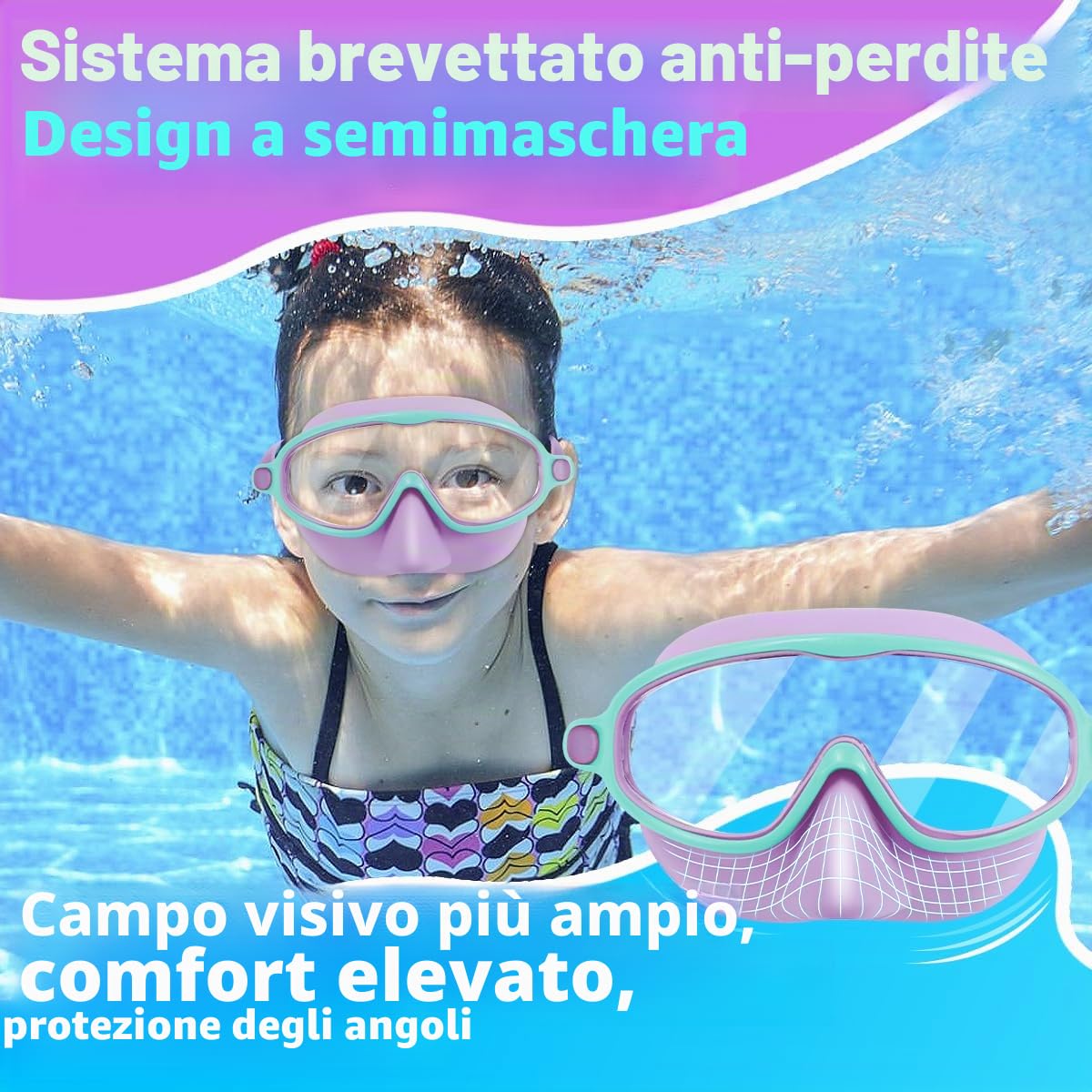 Vvinca Set di 2 occhialini da nuoto con protezione per il naso per bambini da 3 a 15 anni | Maschera subacquea grandangolare, impermeabile, anti-appannamento, protezione UV