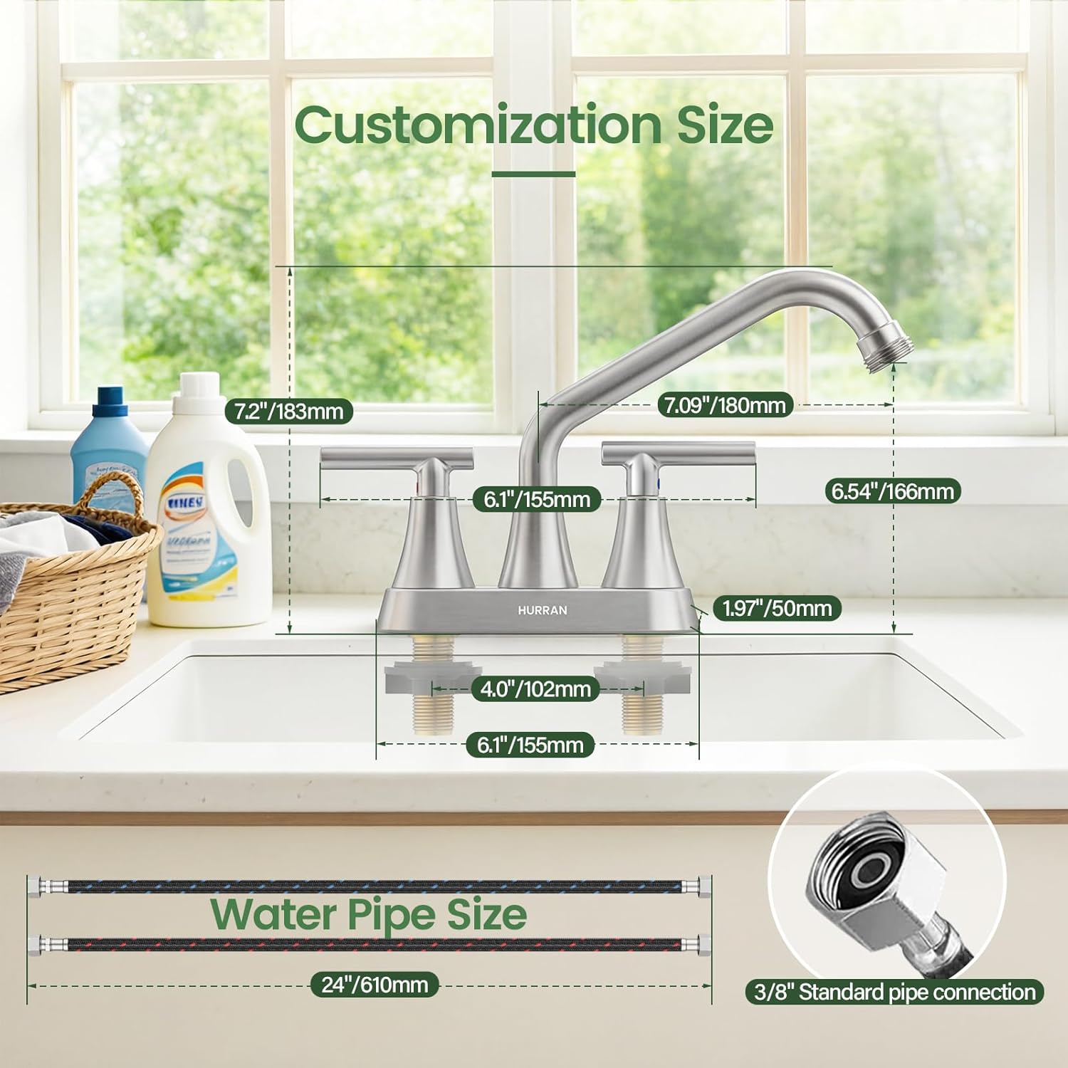 Utility Laundry Sink Faucet, Hurran 4 Inch Centerset Laundry Sink Faucet with Swivel Spout & 3/4" GHT Threaded End, 2 Handle Design for Laundry, Utility Room, Garden, Brushed Nickel