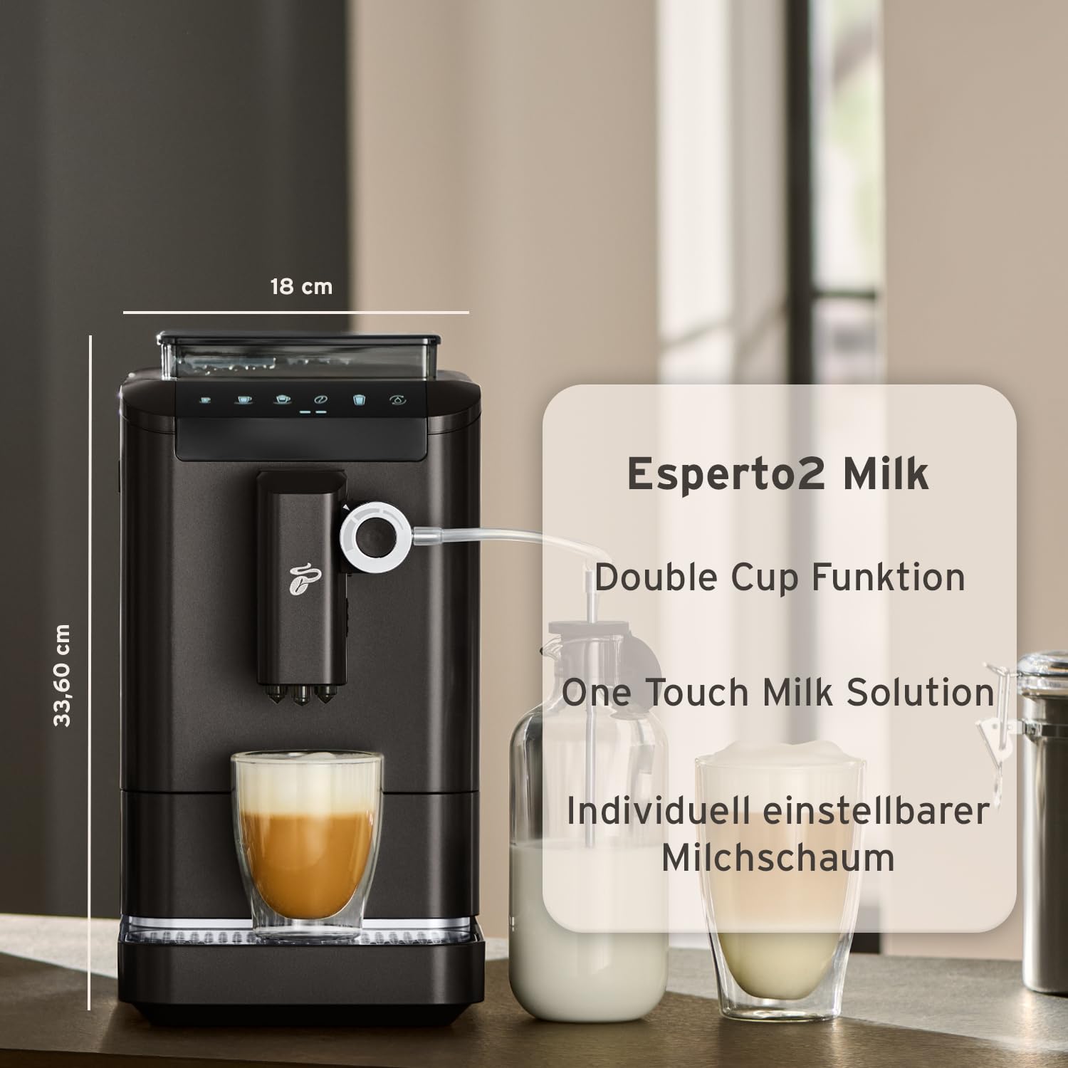 Tchibo Kaffeevollautomat Esperto2 Milk mit One-Touch Milchfunktion und 2-Tassen-Funktion für Espresso, Caffè Crema, Capuccino und Milchschaum, Granite Black