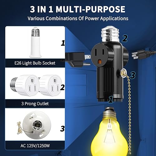 Miniatura 2 de Adaptador de enchufe de luz de 3 clavijas a enchufe con cadena de tracción, adaptador de toma de corriente de luz E26, adaptador de enchufe de