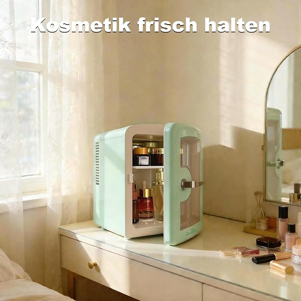 Iceblue Mini-Kühlschränke, winziger Kühlschränke mit Blickfenster, 4L / 6 Dosen Hautpflege Kühlschränke für Schönheit & Getränke, Kleiner Kühler für Zuhause, Auto, Geschenke - Grün - 4