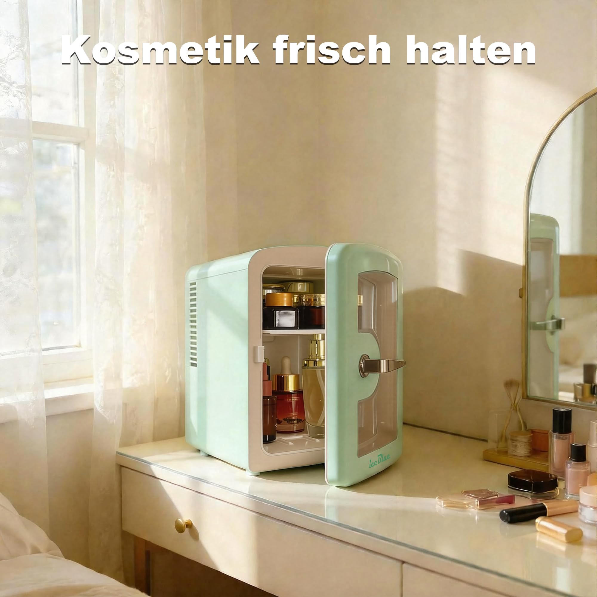 Iceblue Mini-Kühlschränke, winziger Kühlschränke mit Blickfenster, 4L / 6 Dosen Hautpflege Kühlschränke für Schönheit & Getränke, Kleiner Kühler für Zuhause, Auto, Geschenke - Grün