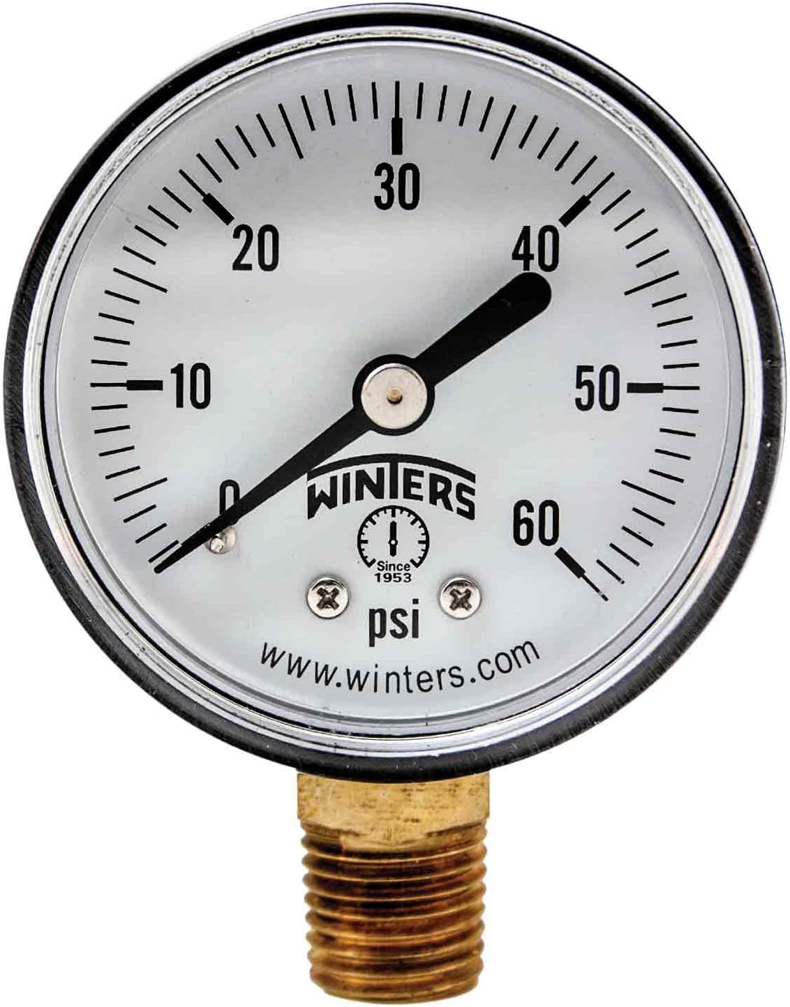 Winters 2 inch Dial Size, Economy Utility Dry Pool Filter Pressure Gauge, Brass Internals, Plastic Case, Single Scale 0-60 psi, 3-2-3% Acc, 1/4 inch NPT Bottom Mount, Multi Function Pressure Gauge