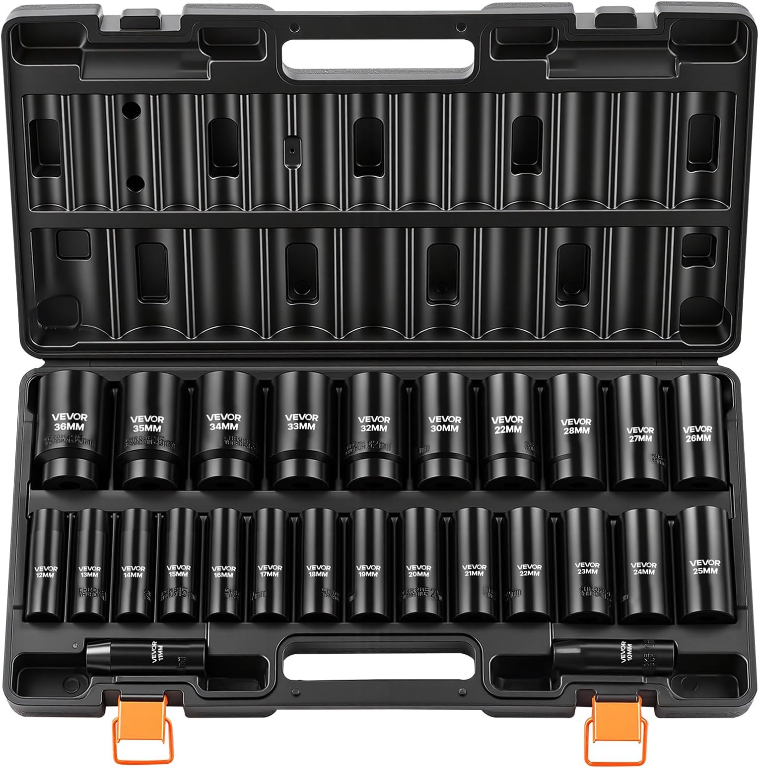 VEVOR Impact Socket Set, 26pcs x 1/2inch Metric 10mm-36mm Impact Sockets, 6-Point Deep Socket Rugged Construction High-torque, Cr-V 1/2 Inches Drive Socket Set Impact with a Storage Cage