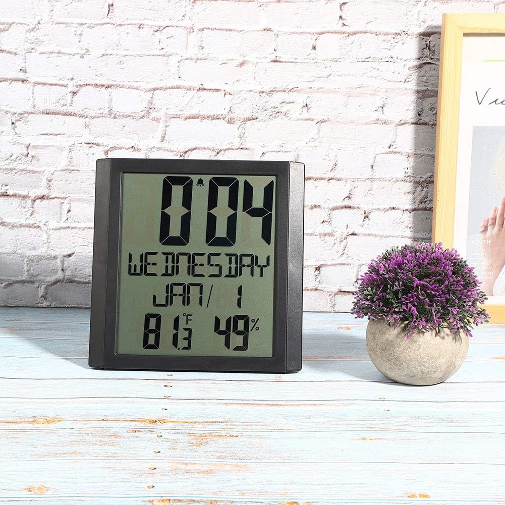 Large Screen Digital Display Clock, Multifunctional Electronic Wall Clock with Temperature and Humidity Meter, with Snooze Function, 3 x AAA Battery Operated