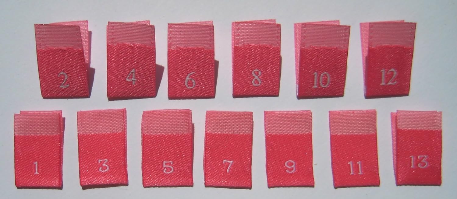 250 pcs Woven Clothing Sewing Labels Size Tags HOT Pink - Size 1 Through 13