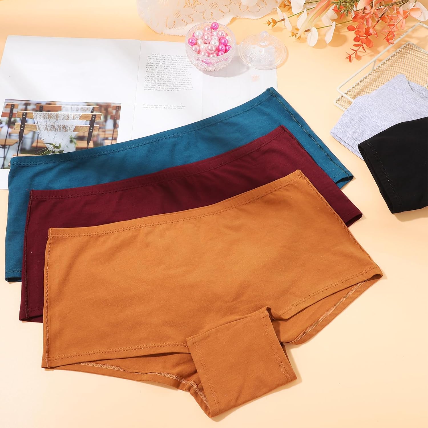 5pcs Full Coverage Cotton Underwear for Women Xxl Boyshorts Briefs Breathable Soft Comfortable Everyday Panties Floral Camel Oil