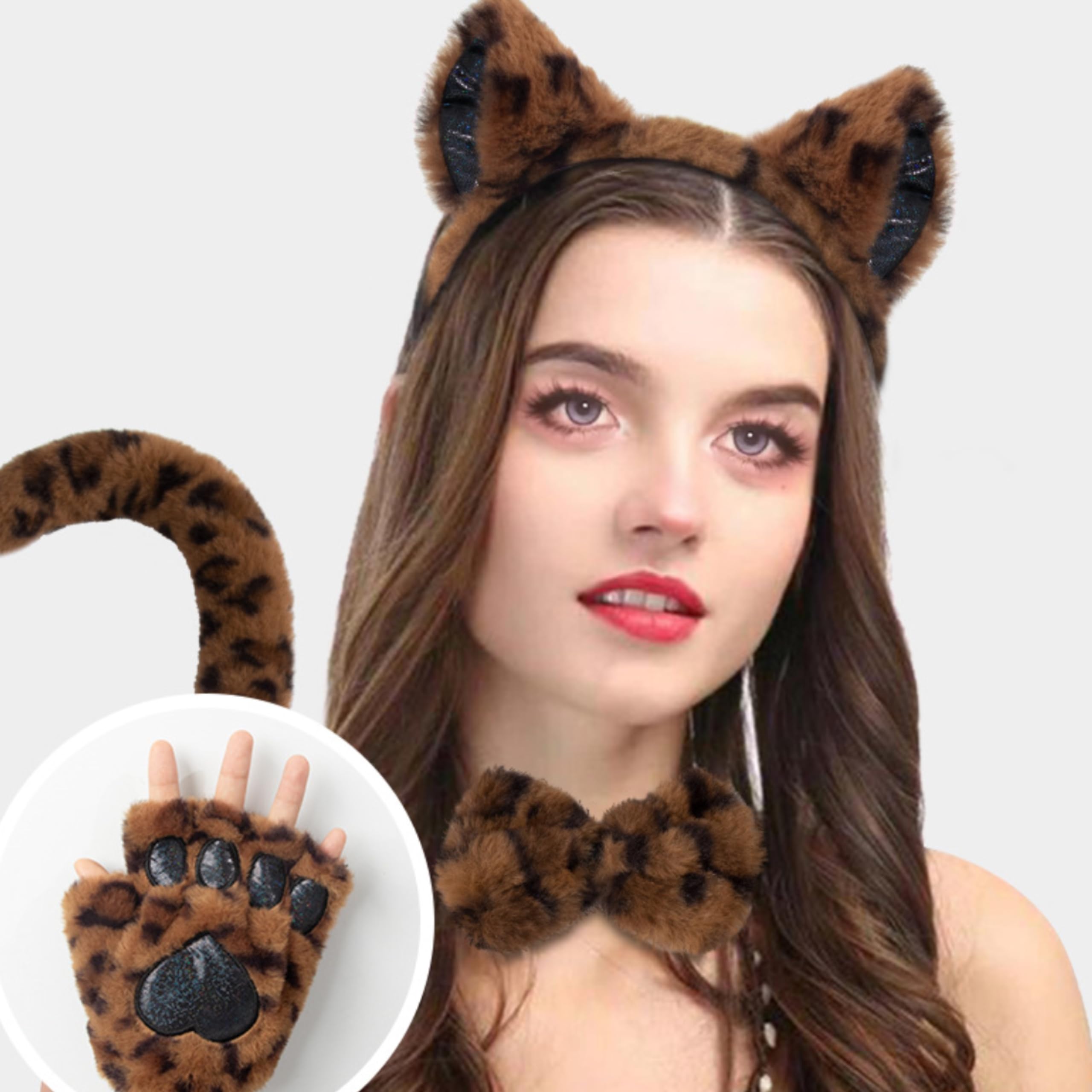 eBoutik Halloween Anime Cat Costume Set, Fluffy Ears Headband, Bowtie, Tail & Paw Gloves - Image 3