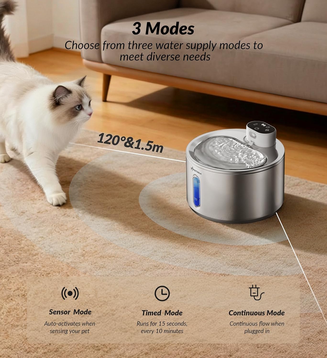 Cat Water Fountain Stainless Steel,135fl-oz/4L,Wireless Cat Fountain