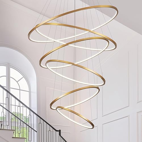 Miniatura 2 de Candelabro LED moderno de 5 anillos para techo alto, gran lámpara de araña plateada regulable para sala de estar, comedor, escalera, 3000 K, blanco