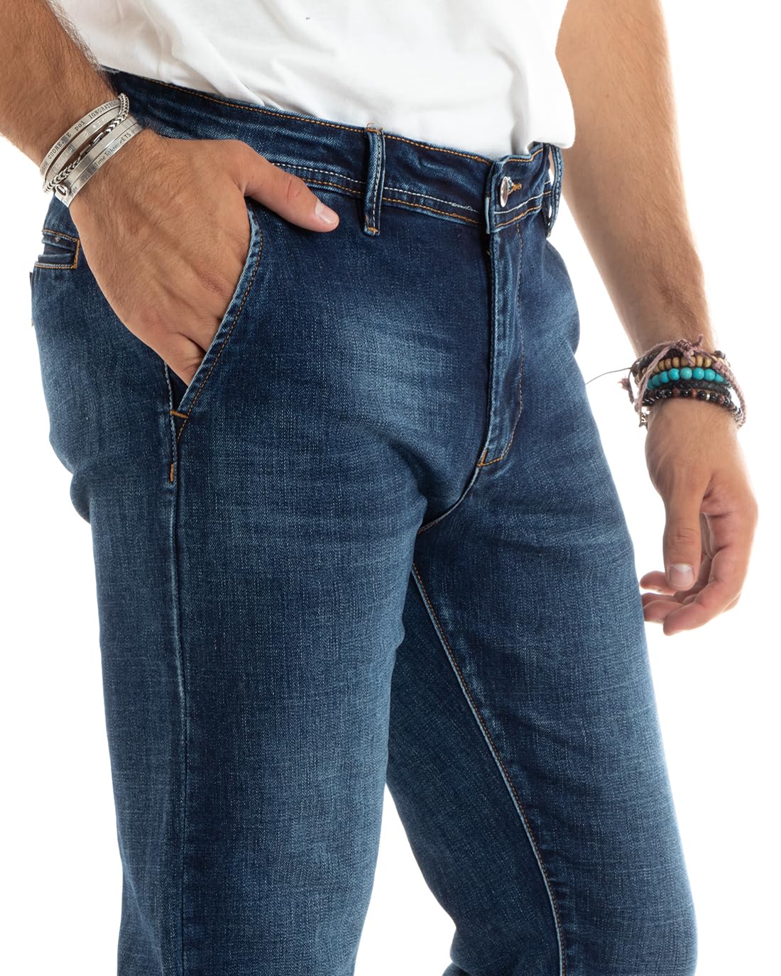 Pantaloni Uomo Jeans Tasche Skinny Slim Fit Denim Stone Washed