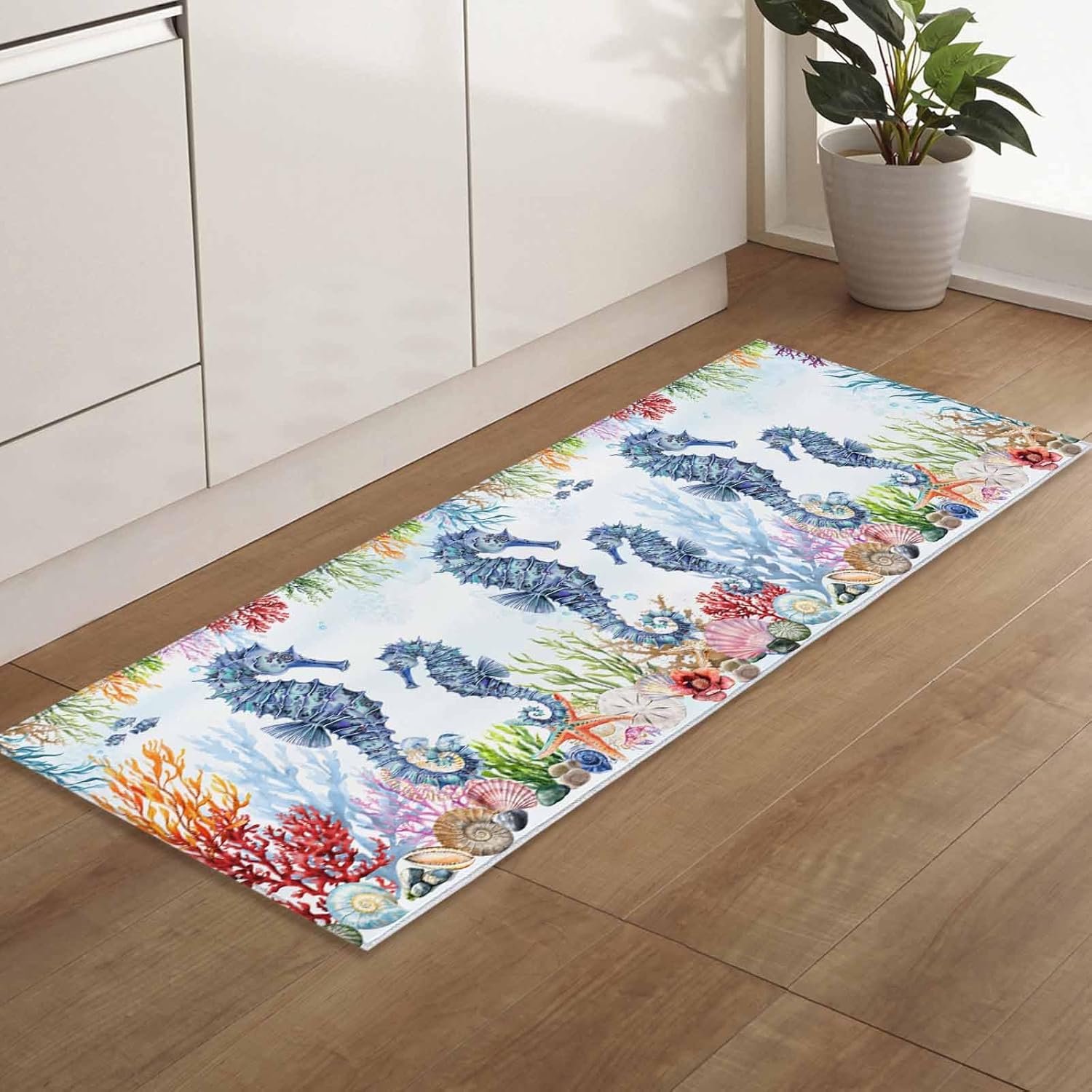 2 Pieces Kitchen Rugs and Mats,Ocean Blue Seahorse Coral Shell Starfish Area Runner Rug Set Non Slip Floor Doormat Washable Carpet Standing Mat for Kitchen Sink Indoor Corridor,Watercolor Marine Life