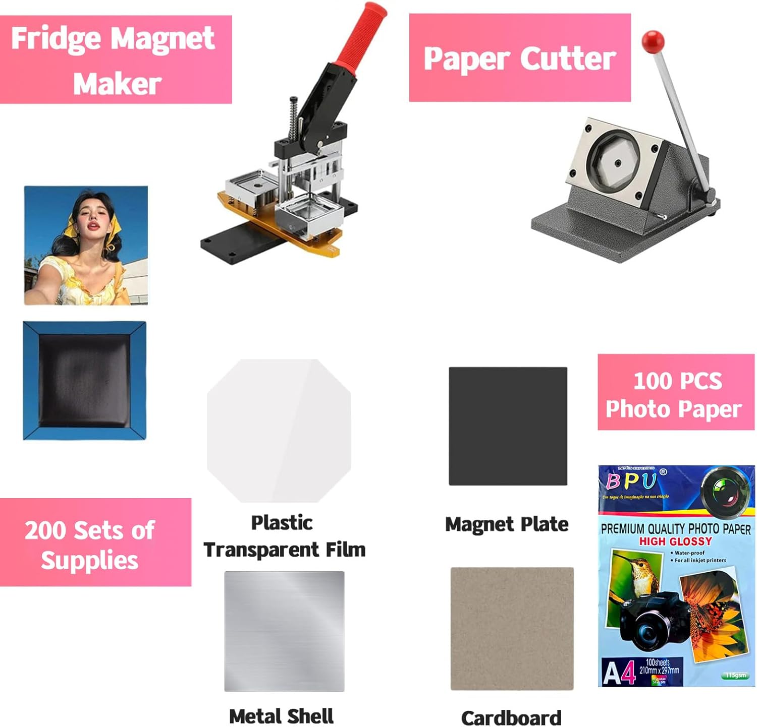2X2 inch Square Refrigerator Photo Magnet Maker Machine, DIY Custom Badge Maker with Picture Cutter+200 Sets of Supplies +100 Sheets of Photo Paper