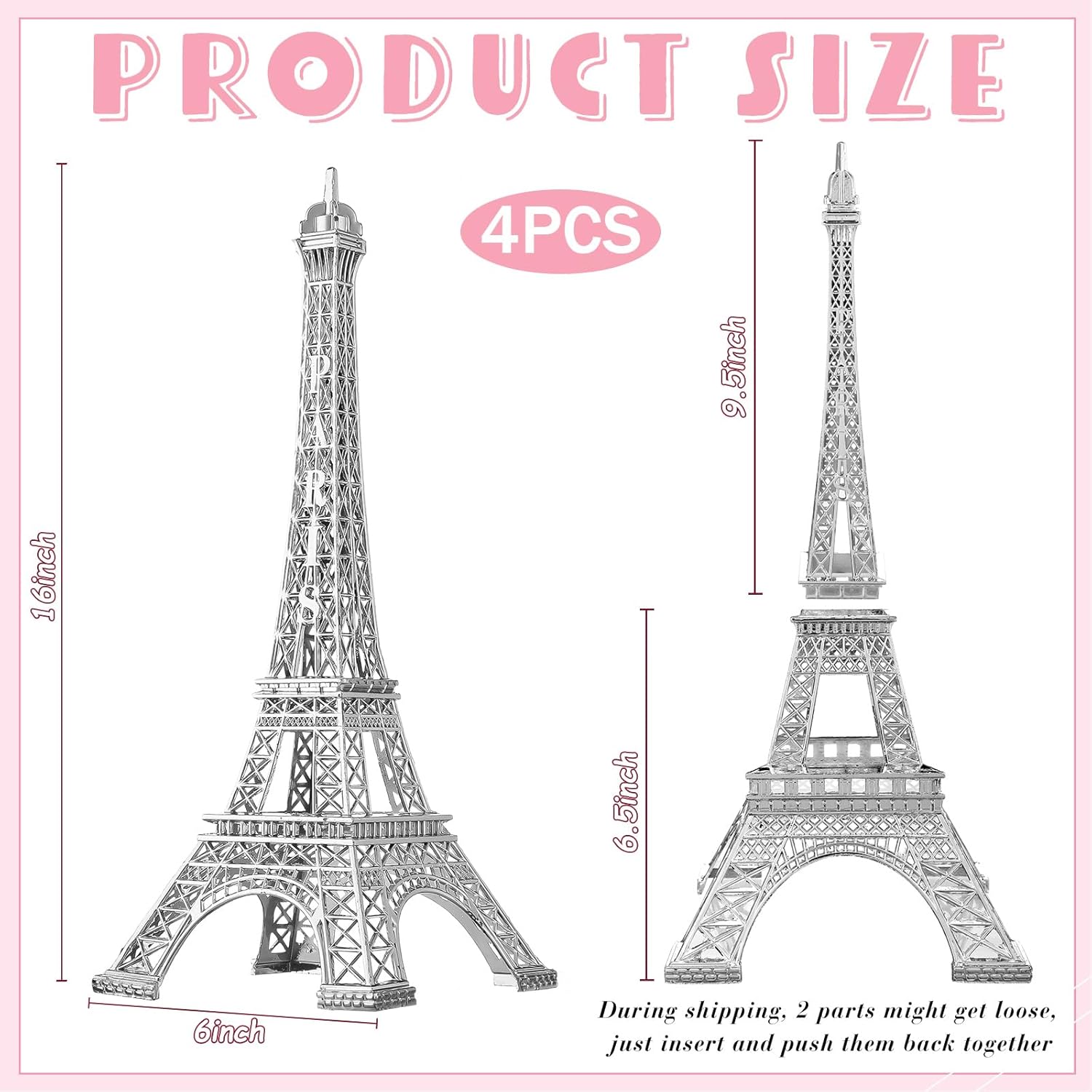 Therwen 4 Pcs Eiffel Tower Statue Decor Metal Paris France Eiffel Tower Model Figurine Paris Craft Art Statue Model Desk Room Decoration Gift for Party Table(15 Inch,Silver)