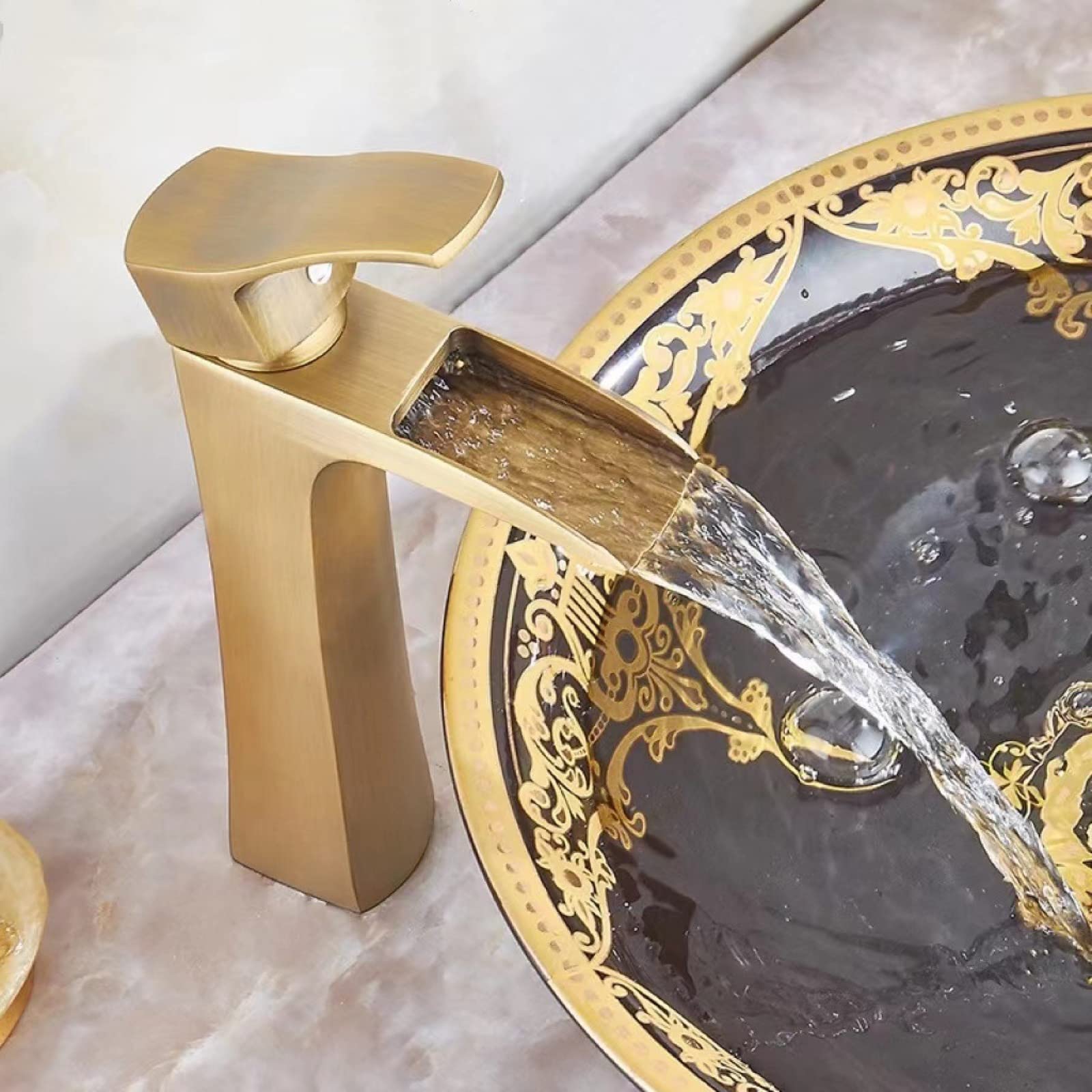 Rubinetto a Cascata per lavabo da Bagno, Stile Antico, in Ottone Massiccio, Miscelatore per Acqua Calda e Fredda, monocomando Corto (Dimensioni: Alto)
