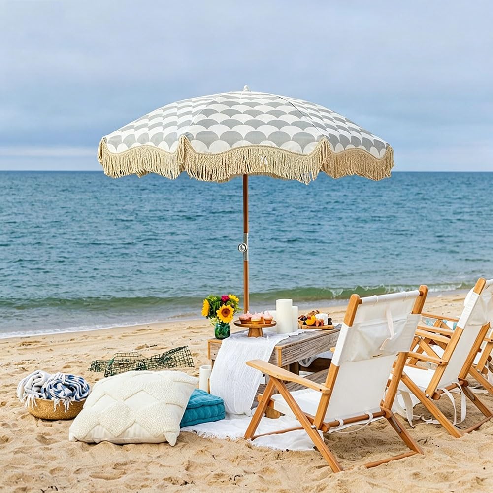 Parasol Plażowy w Boho 200 cm z Frędzlami, Przenośny Parasol Ogrodowy z Regulowanym Drewnianym Trzonkiem na Basen, Podwórko, Taras