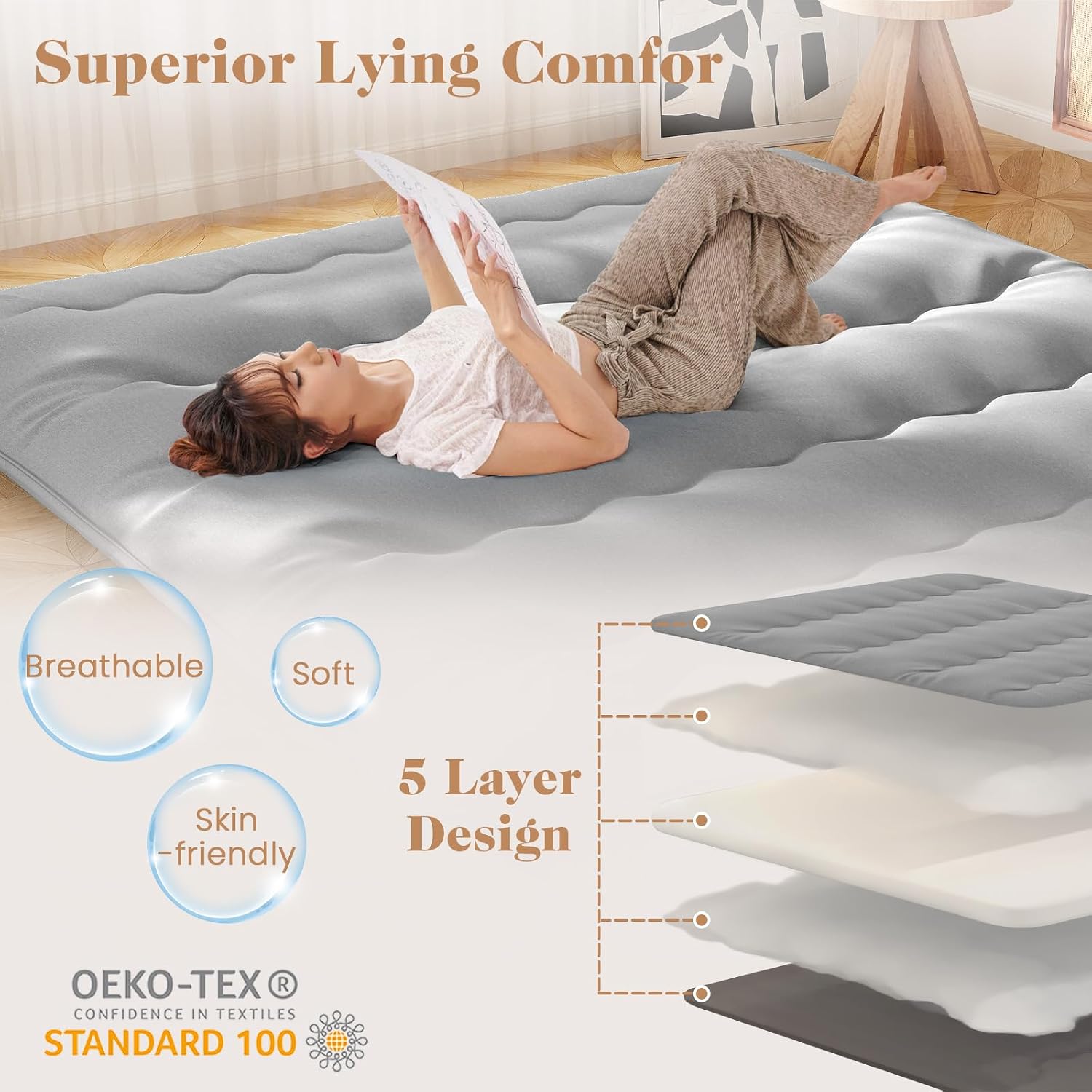 Giantex Japanese Floor Mattress, 4 Inch Futon Mattress with Washable Cover & Storage Bag, Foldable Roll up Mattress Tatami Mat, Portable Sleeping Pad for Camping, Dormitory, Grey, King