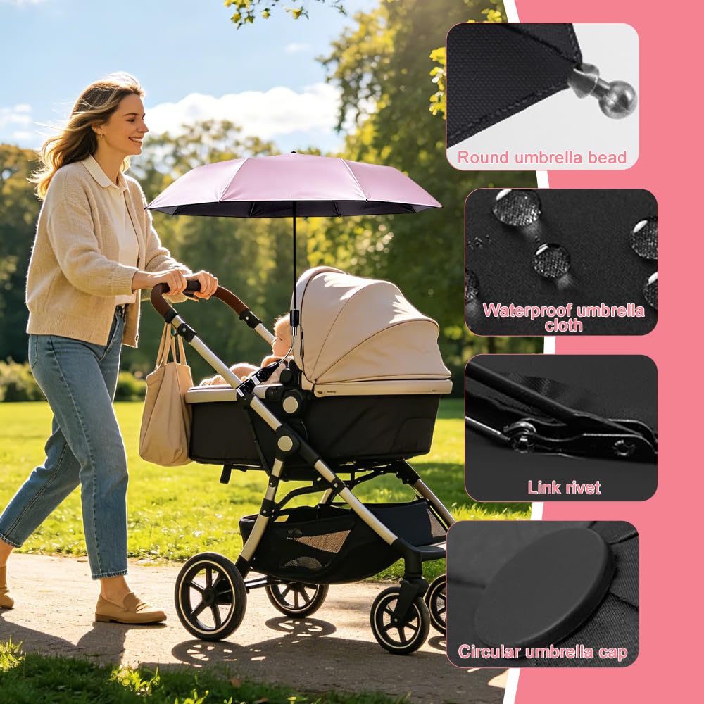 Foreverup Sonnenschirm für Kinderwagen UV Schut, Kinderwagen Sonnenschirm 360° Flexibler, Sonnenschirm Buggy Kinderwagen, 96 cm Durchmesser, Schützt effektiv vor Sonnenlicht und Regen, Rosa