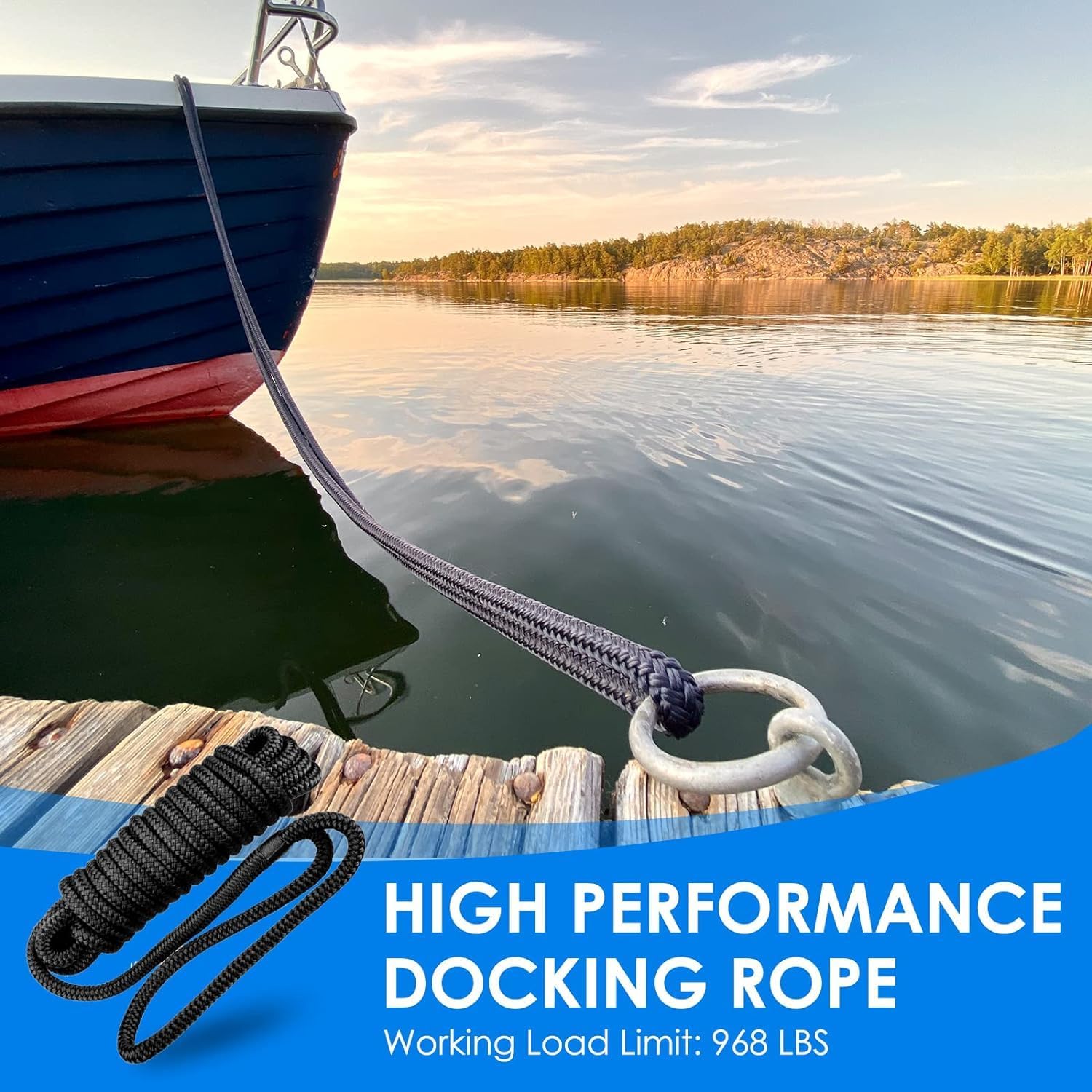 2 Stück Boot Seil 12mm Festmacherleine mit Auge Nylon Doppelt Geflochten Fenderseil Dock Linien Ø 12mm, L: 4.57 m, Auge 30.48 cm, Bruchlast: 2240 kg, Schwarz