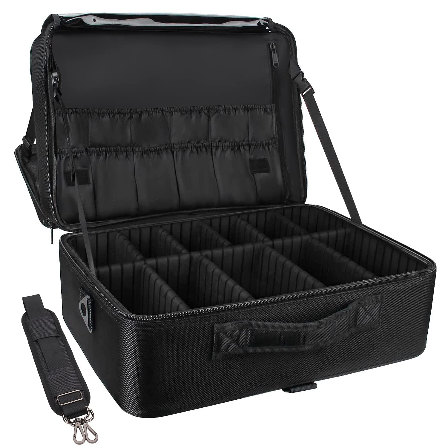 Relavel Trousse de maquillage professionnelle extra large pour les voyages et les maquilleurs, portable avec compartiments réglables, port pour chariot et bandoulière, noire