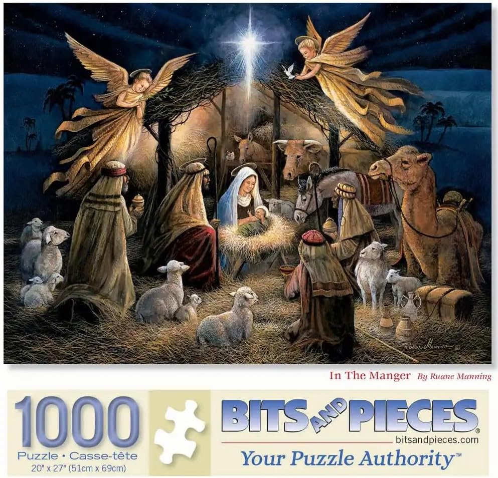 Bits and Pieces – in The Manger Jigsaw Puzzle for Adults – Nativity Scene Christmas Puzzle by Artist Ruane Manning – Religious Puzzle with Mary, Joseph, and Baby Jesus (1000 Piece Puzzle 20" x 27")