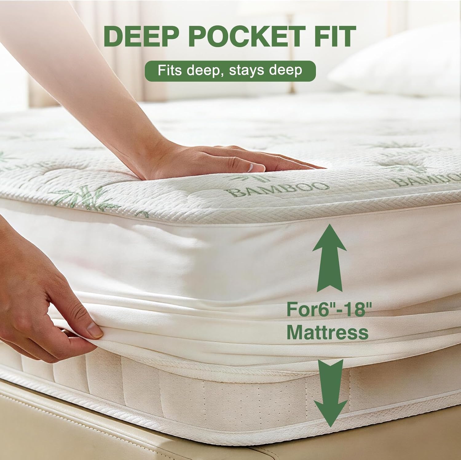 Waterproof Mattress Protector Twin XL Size Green, Noiseless Breathable Mattress Pad with Deep Pocket 6''–18'', Soft Fitted Mattress Cover, Washable Bed Protector