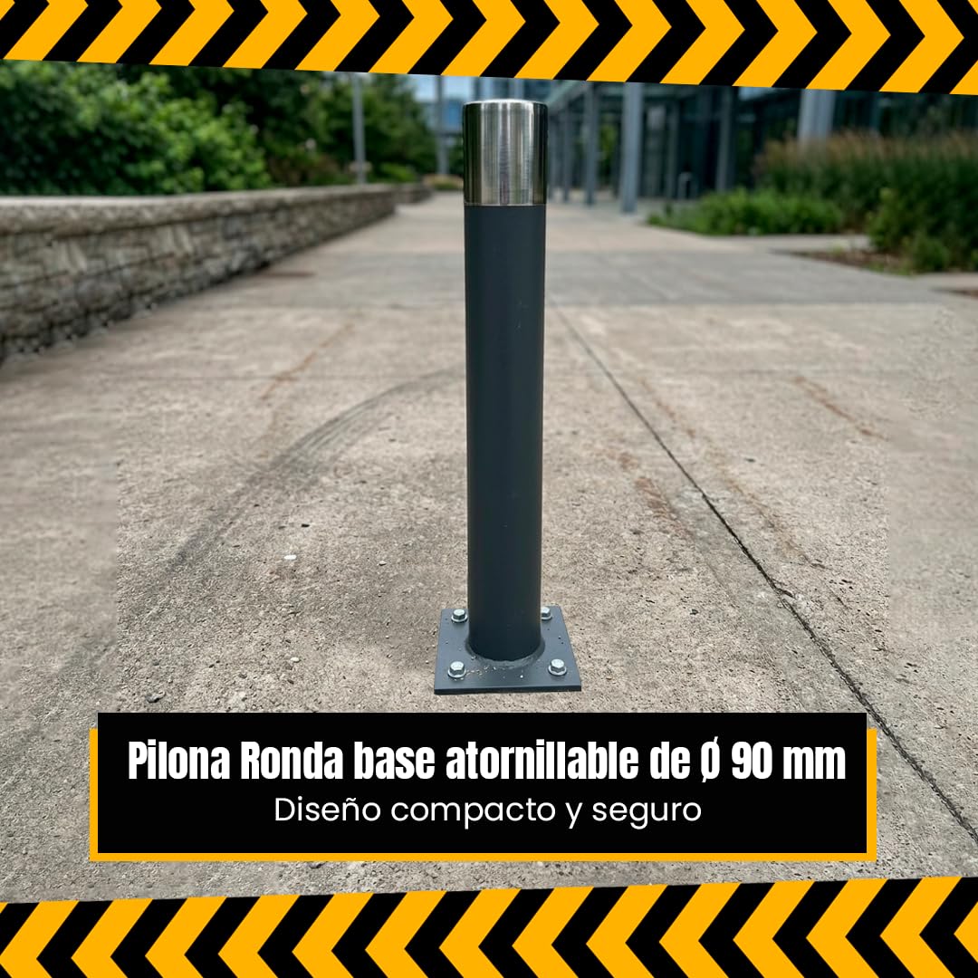 Pilona Ronda Ø 90 mm | Acabado Oxirón y Embellecedor Superior en Acero Inoxidable | Pilona Urbana de Seguridad para Delimitación y Control de Accesos | Altura 1000 mm | Base Atornillable