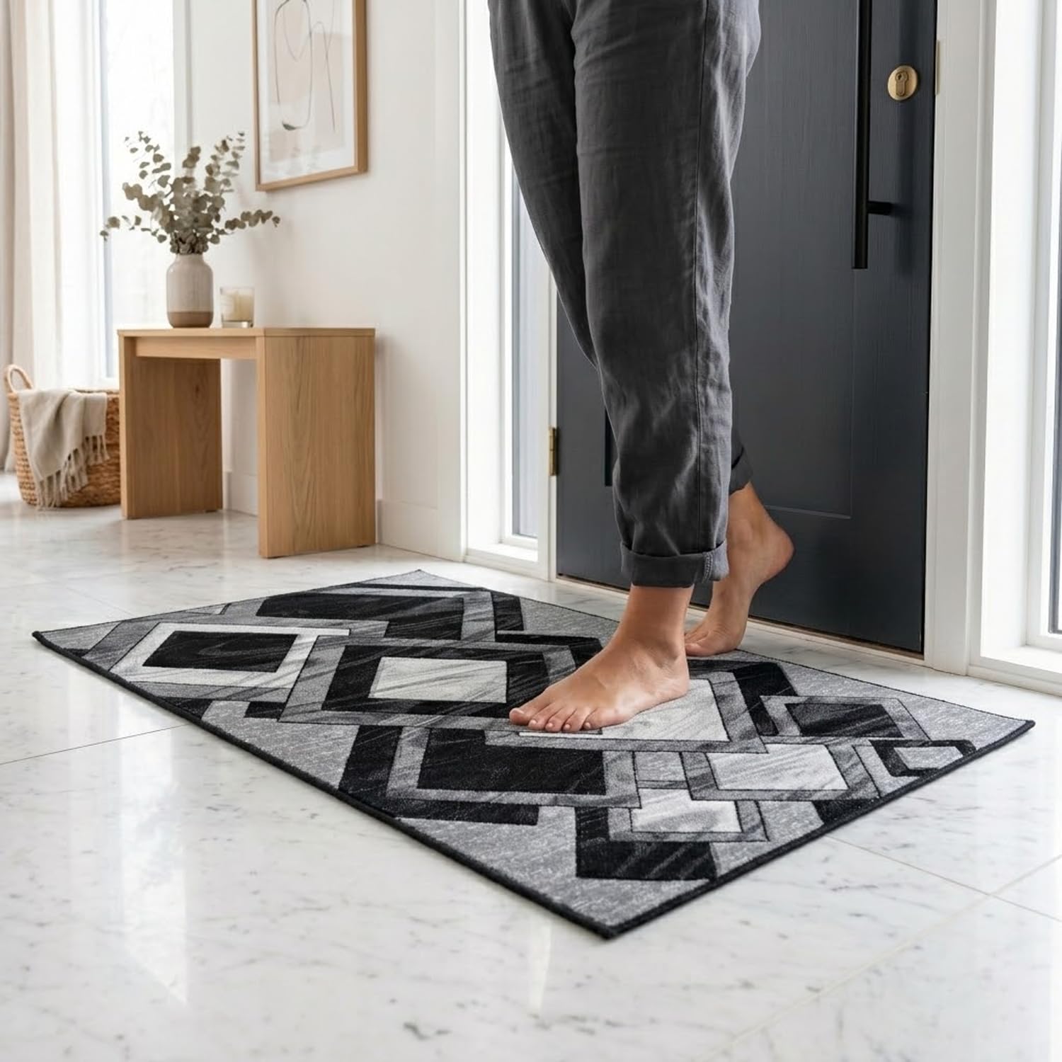 PHP Indoor Door Mat 50 x 80 cm, Thick Dirt Trapper Washable Entrance Welcome Doormat for Entryway Front Porch Kitchen Carpet Mat - Black