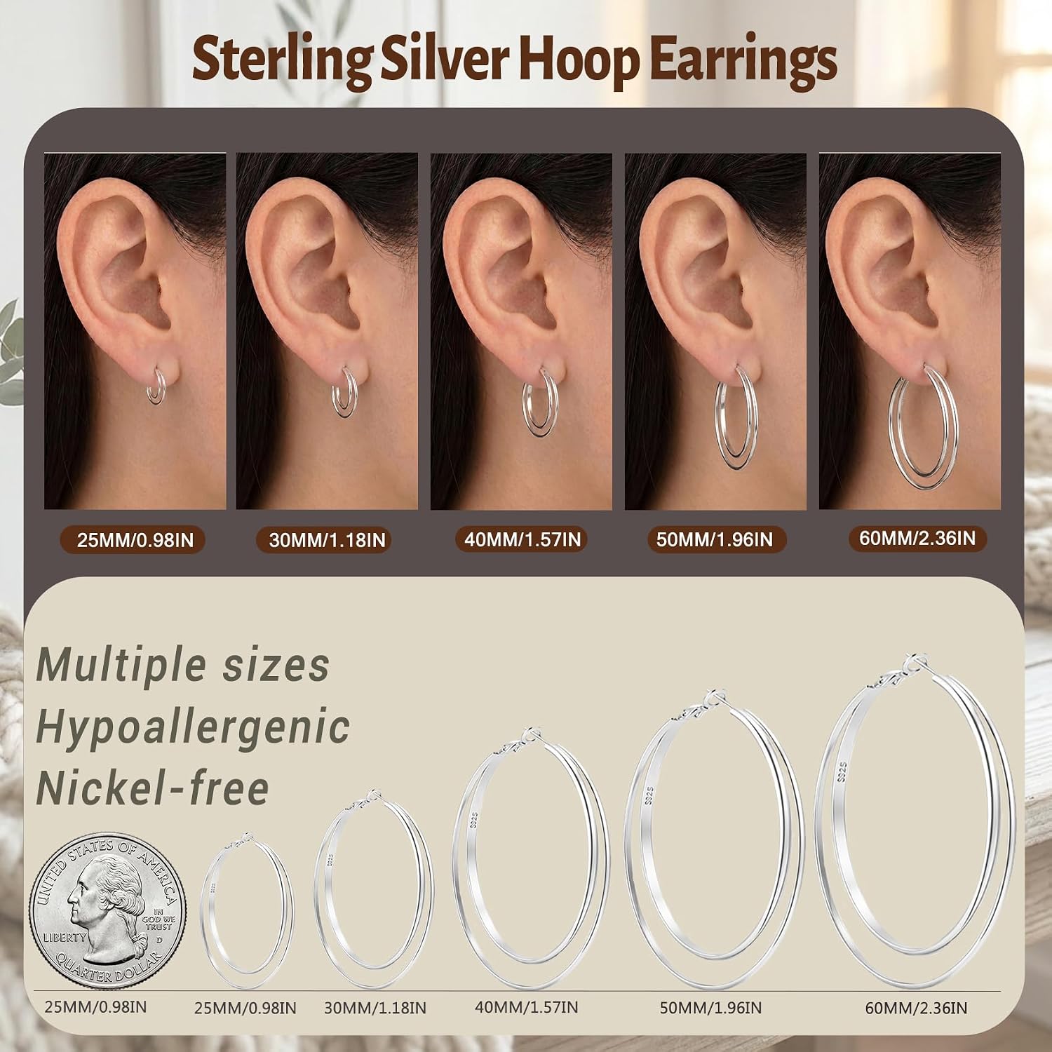 LOUMILEO 14k Gold Plated 925 Sterling Silver Post Double Hoop Earrings Hypoallergenic Lightweight Thin Large Hoop Earrings for Women 25/30/40/50/60mm