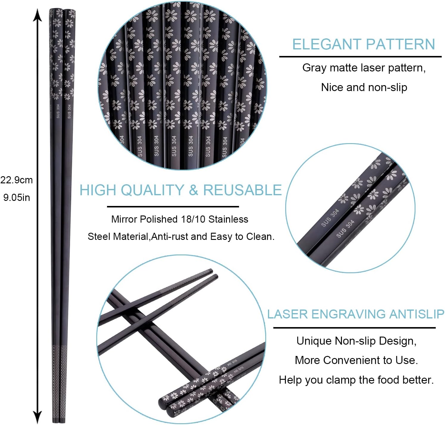 5-Pairs Metal Reusable Sakura Pattern Japan and Korea laser Square Chopsticks Non Slip for Adults Sushi Ramen, 18 10 Stainless Steel Chopsticks Set Dishwasher Safe, Black