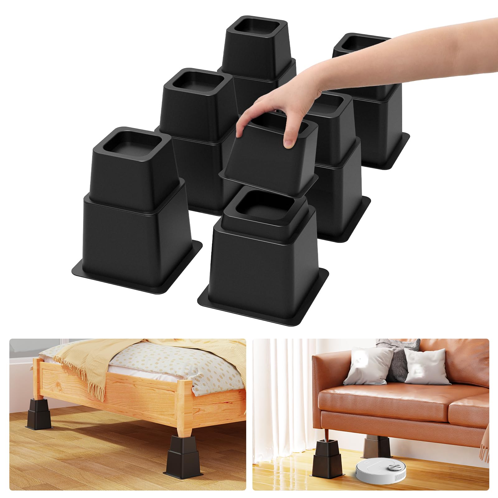 Rialzi per letto da 3, 5 o 20,3 cm, resistenti, regolabili per mobili, per letto, divano, tavolo, sedia, supporta fino a 680 kg (set da 6, nero)