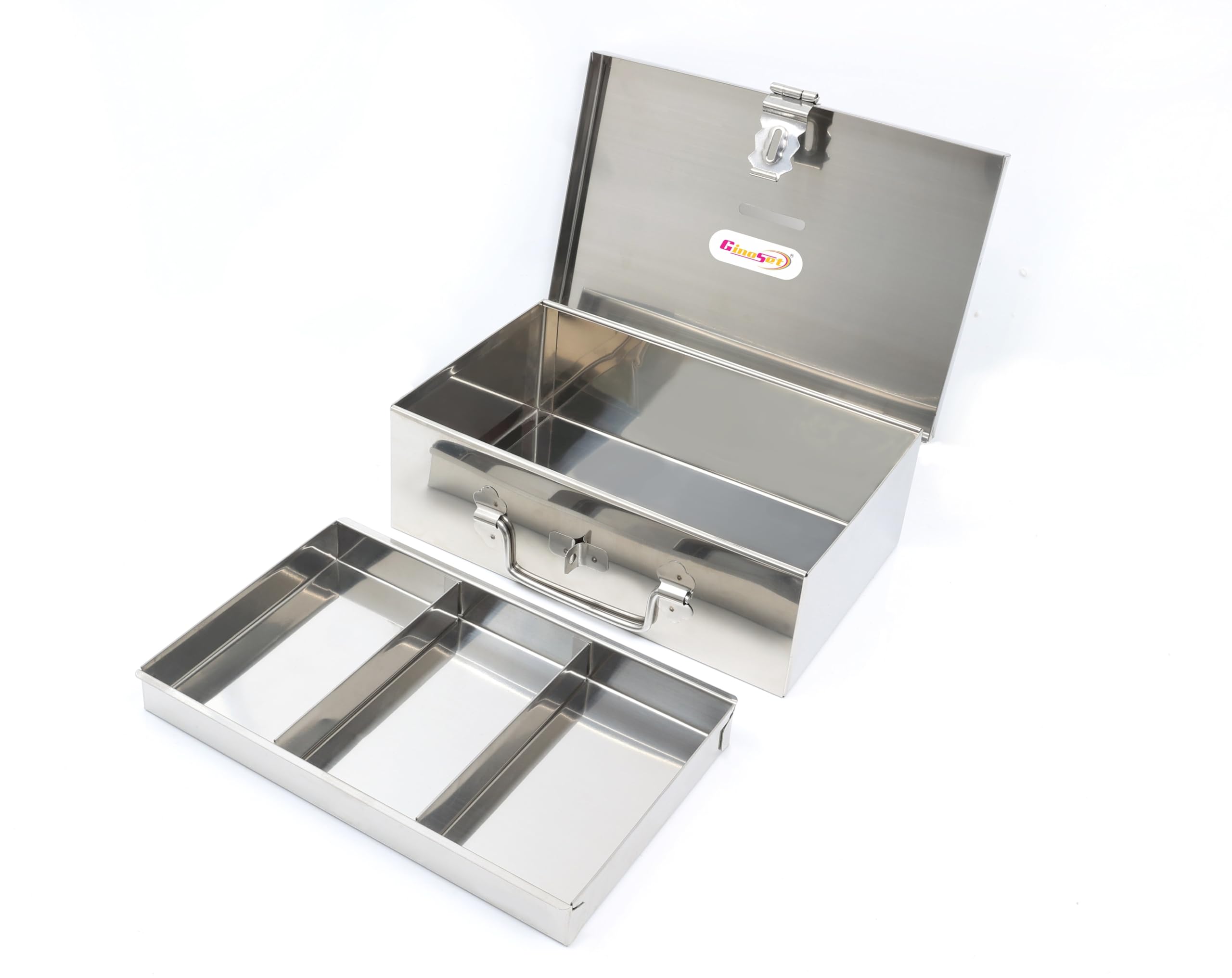 Stainless Steel Storage Boxes, Safe Locker Box, Cash Box for Shop Counter Drawer and Multi purpose use With 1 Removable Tray (Steel Box With 4 compartment)-image-5