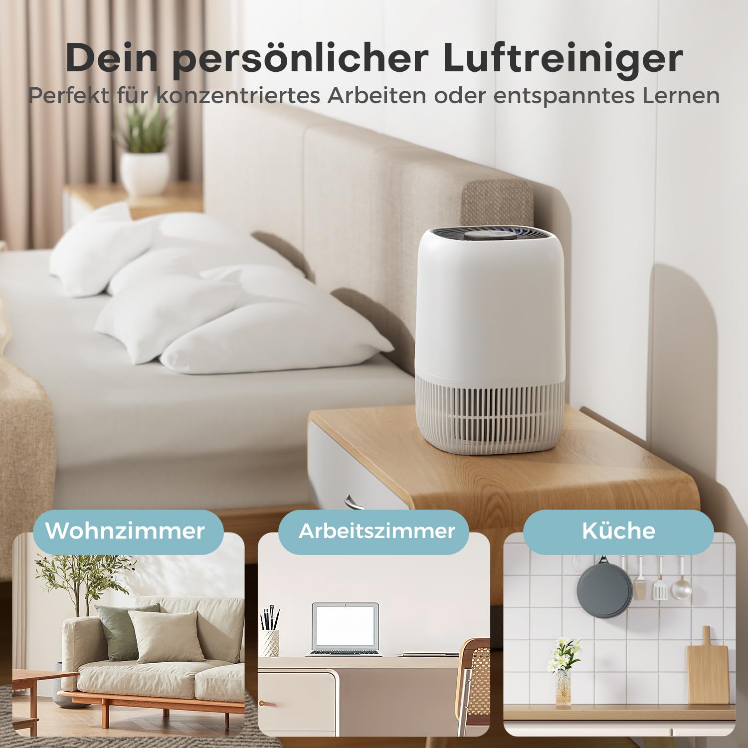 AROEVE Luftreiniger mit H13 HEPA 3-Stufen-Filter, Luftreiniger für Schlafzimmer, 5W Energieverbrauch, Leise 22dB mit Aroma, reduziert Pollen, Rauch, Tierfell, Weiß