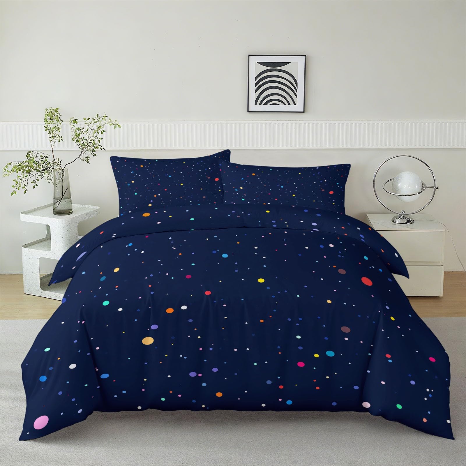 Housse de couette 240x260 anti-irritation douce pour lit deux personnes bleu marine à pois