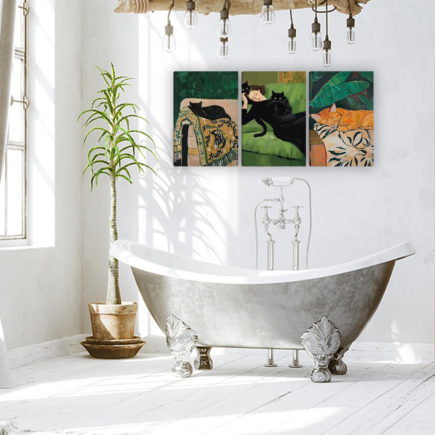 3Pcs Vintage Black Cat Canvas Wall Art Emerald Green And Orange Poster Print Sofa Sleeping Woman With Black Cat Awall Deocr Retro Pictuer Painting For Living Room Bedroom Bathroom Home Decoration​ 16×24 in( Canvas stretched over a wooden frame)