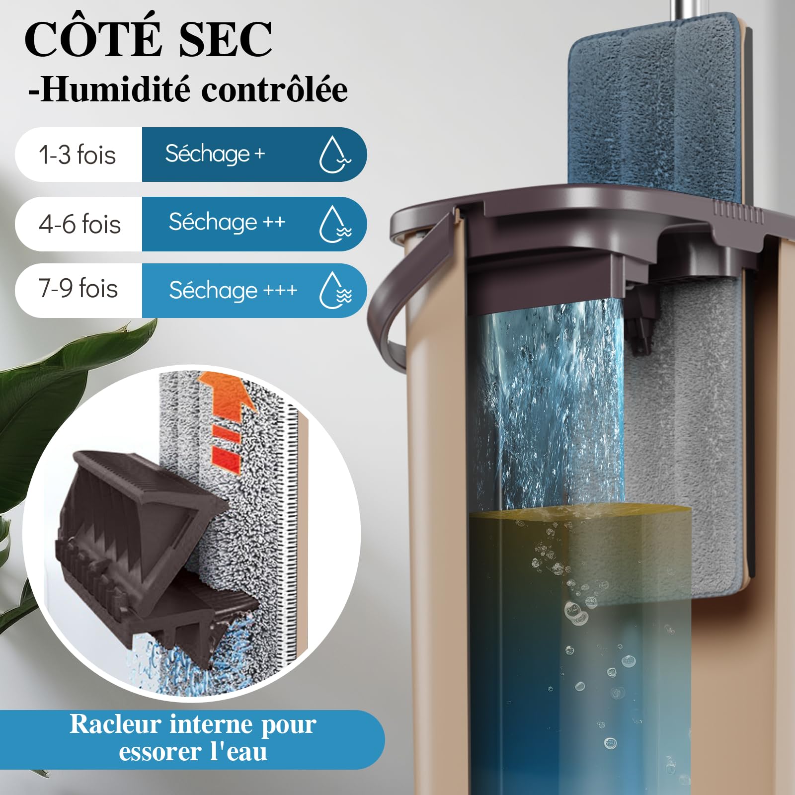 MASTERTOP Balai Plat Microfibre et Seau Essoreur, Serpillère Rotative 360° et Seau de Système Auto-Lavage pour Nettoyage de Sol Humide & Sec, avec 4 Tampons (Beige)