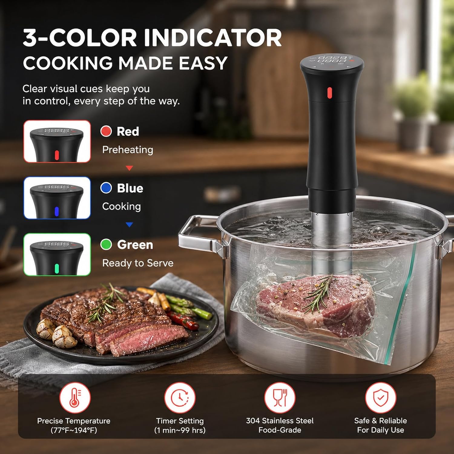 Immersion Circulator Vacuum Cooker, Waterproof 304 Stainless Steel, Quiet Precision Cooking Device for Home Gourmet Meals