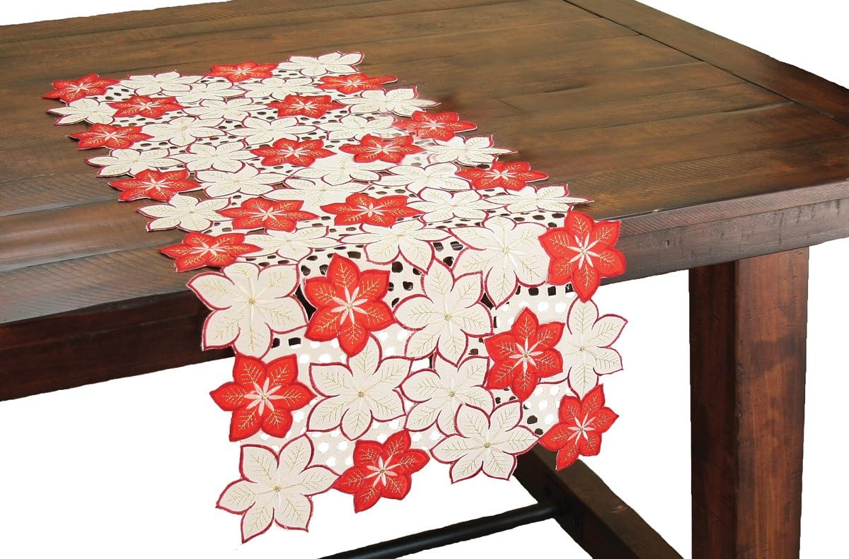 Candy Cane Poinsettia Embroidered Cutwork Christmas Table Runner, 15 by 72-Inch